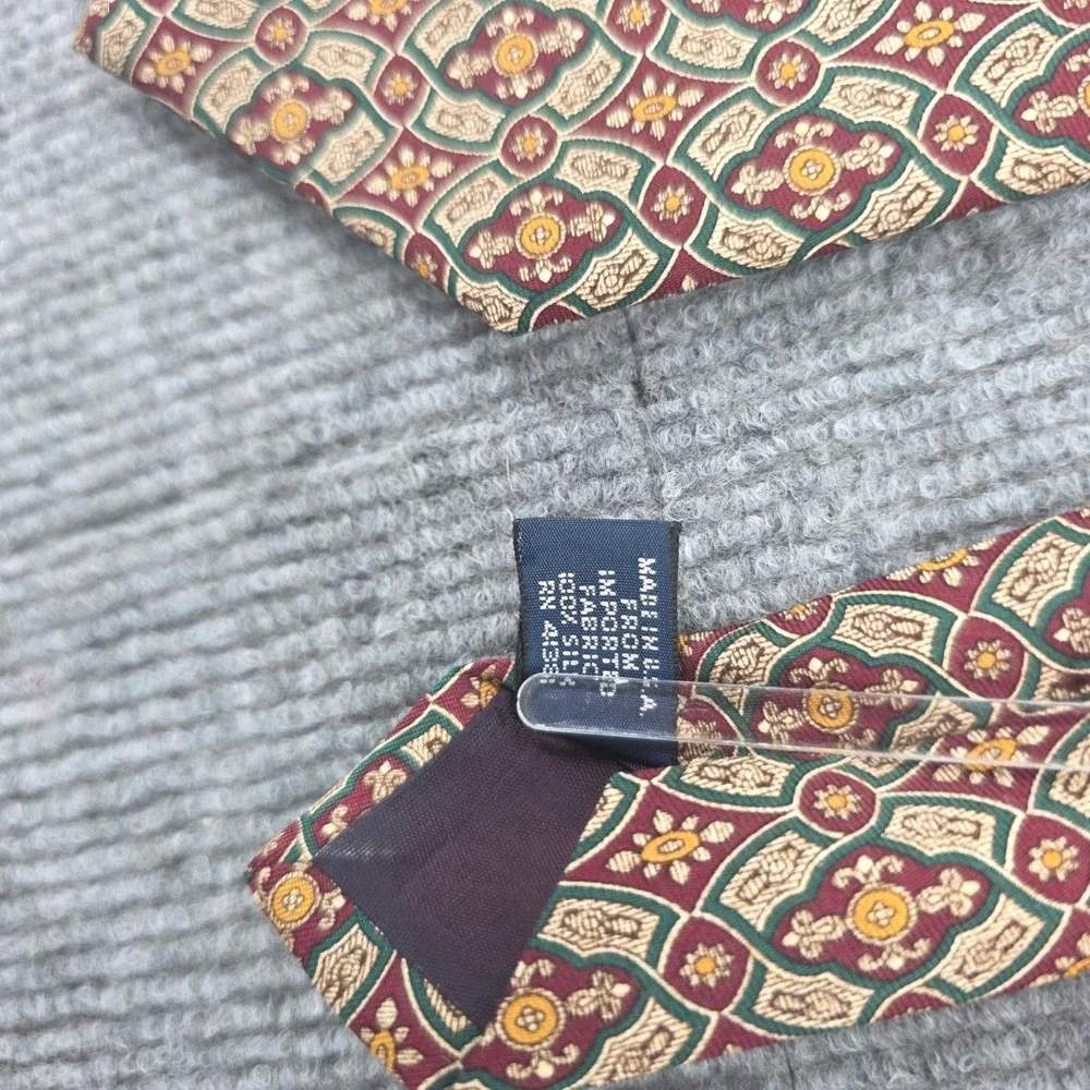 Polo Ralph Lauren Silk Tie Burgundy Green Gold Geometric Medallion Handmade USA